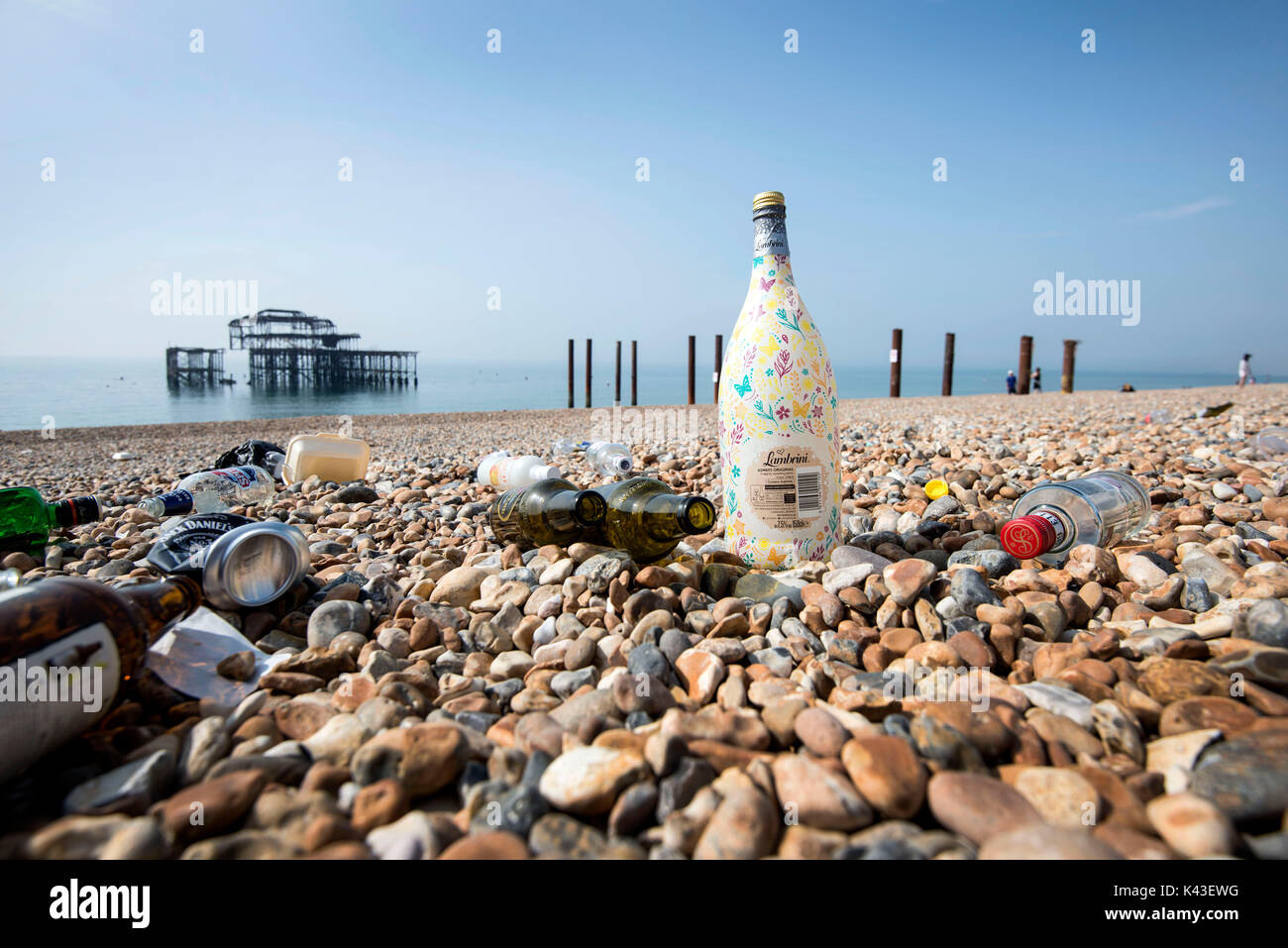 Leere Flaschen und Dosen Alkohol sind auf einem Strand in Brighton verworfen. Credit: Terry Applin Stockfoto