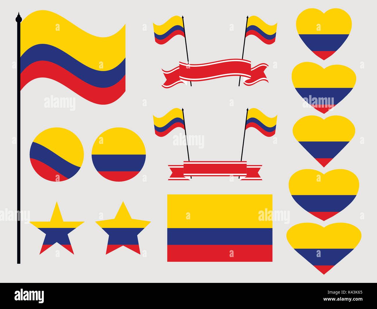 Kolumbien Flagge gesetzt. Sammlung von Symbolen, Flagge im Herzen. Vector Illustration Stock Vektor