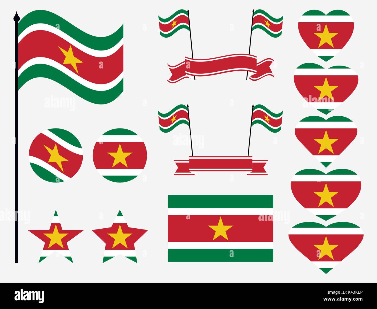 Flagge Suriname Flagge Symbolik einstellen, im Herzen. Vector Illustration Stock Vektor