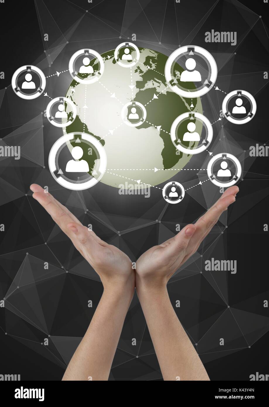 Digital composite der Hände halten ein Globus mit Anschlüssen Stockfoto