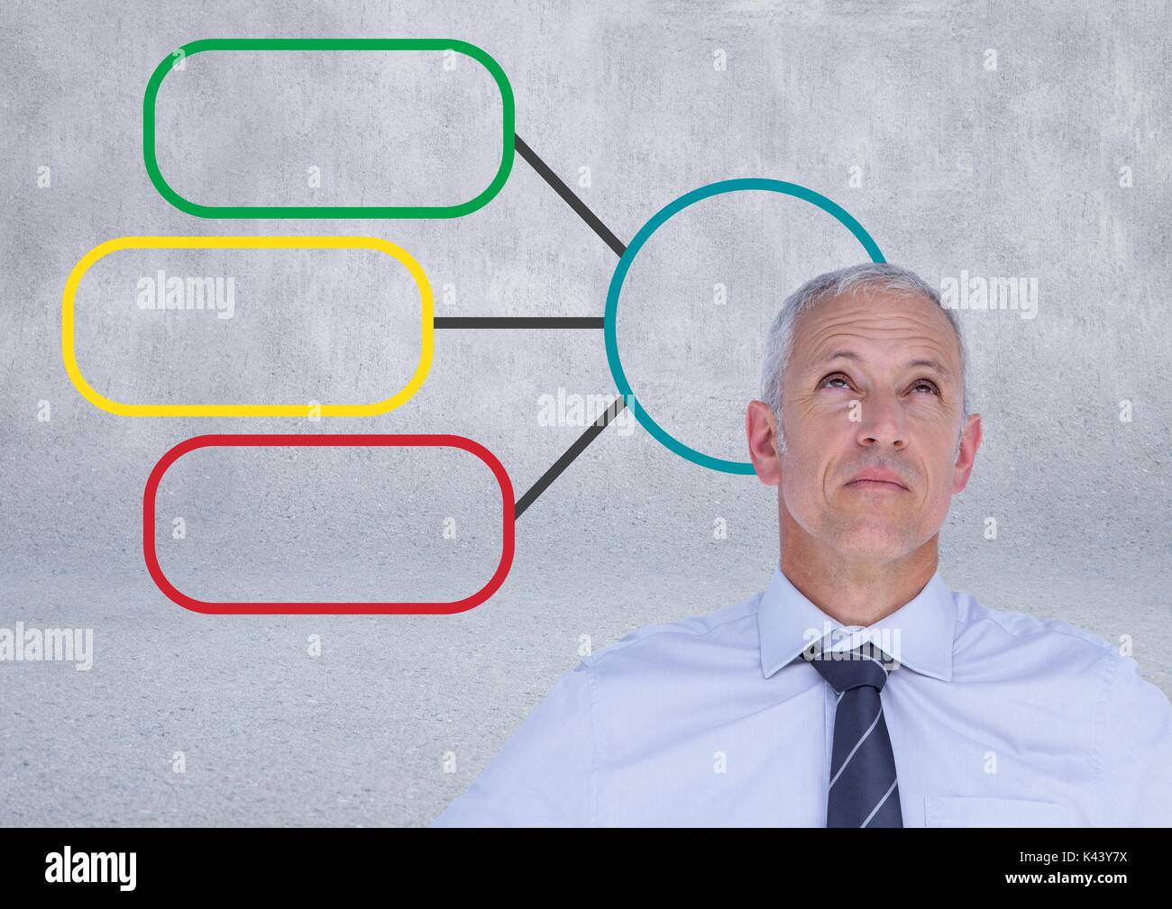 Digital composite der Geschäftsmann und bunte Mind Map über hellen Hintergrund Stockfoto
