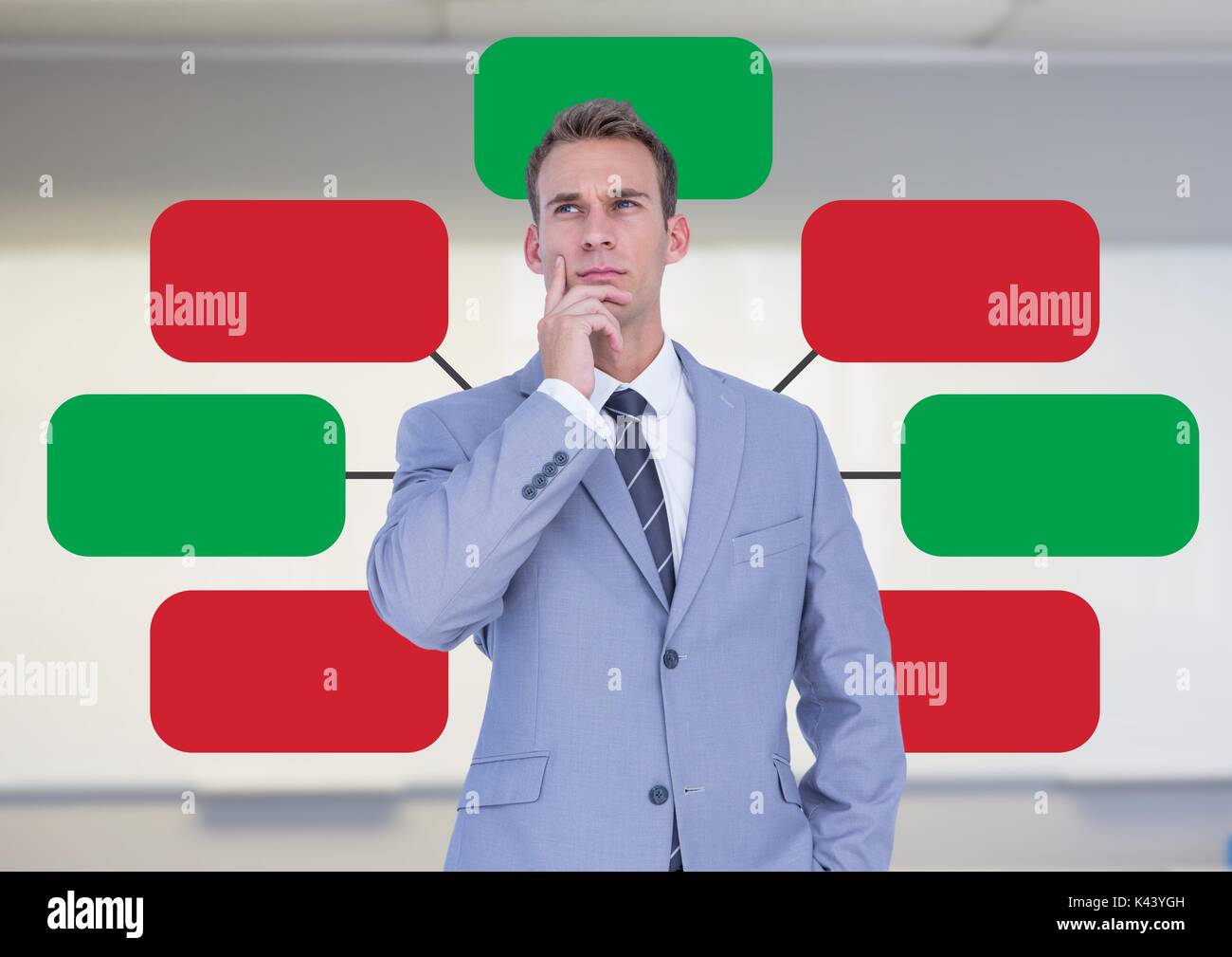 Digital composite der Geschäftsmann und bunte Mind Map über hellen Hintergrund Stockfoto