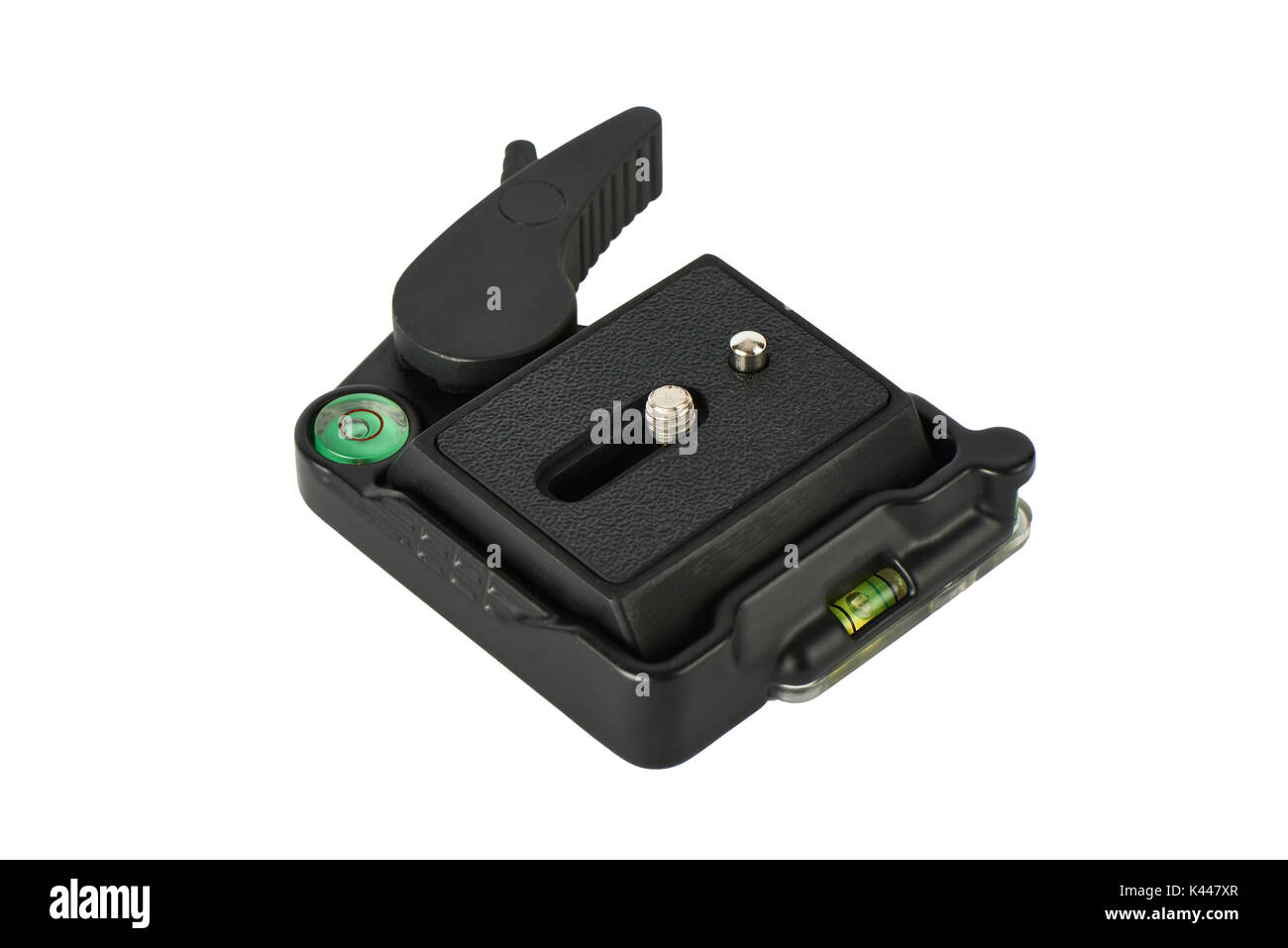 Nahaufnahme des Quick release Platte mit Niveau Messwerkzeuge für Stativ, isoliert auf Weiss. Stockfoto