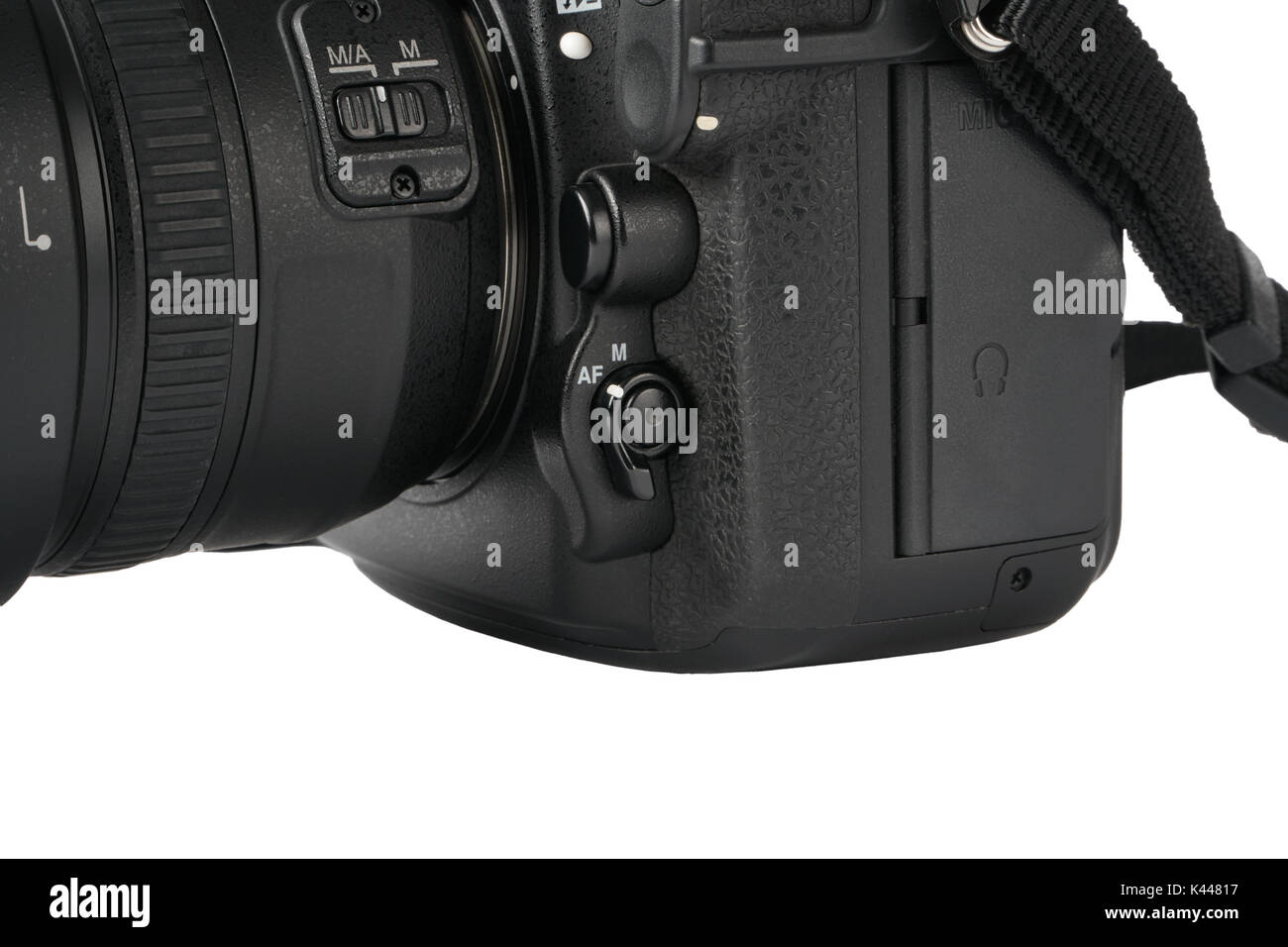 Nahaufnahme des Autofokus und manueller Fokus Schalter und Objektiv auf eine DSLR-Kamera mit Objektiv oder freizugeben. Stockfoto