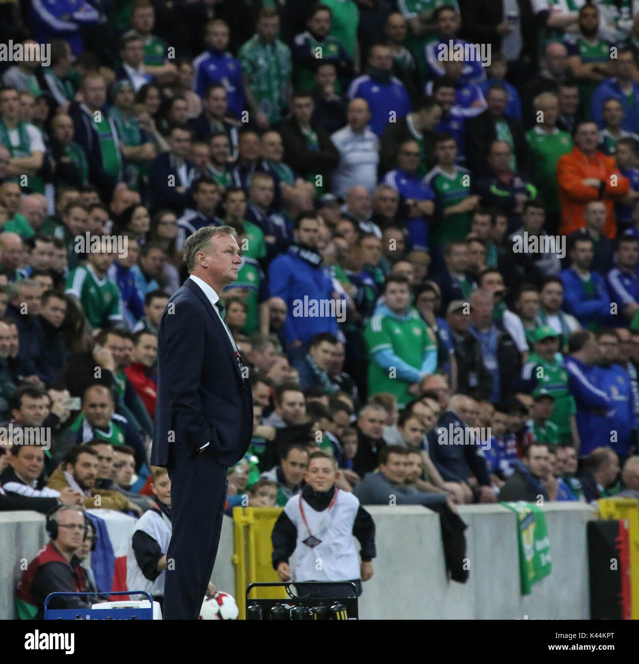 Nationale Fußball-Stadion im Windsor Park, Belfast, Nordirland. 04. September 2017. 2018 WM-Qualifikationsspiel - Nordirland v Tschechische Republik. Nordirland Manager Michael O'Neill. Quelle: David Hunter/Alamy Leben Nachrichten. Stockfoto