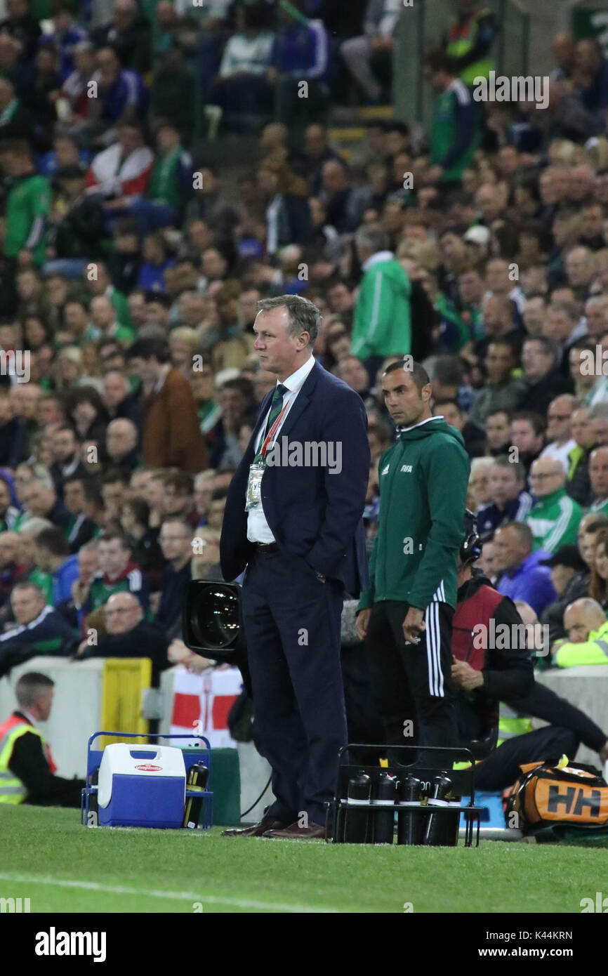 Nationale Fußball-Stadion im Windsor Park, Belfast, Nordirland. 04. September 2017. 2018 WM-Qualifikationsspiel - Nordirland v Tschechische Republik. Nordirland Manager Michael O'Neill. Quelle: David Hunter/Alamy Leben Nachrichten. Stockfoto