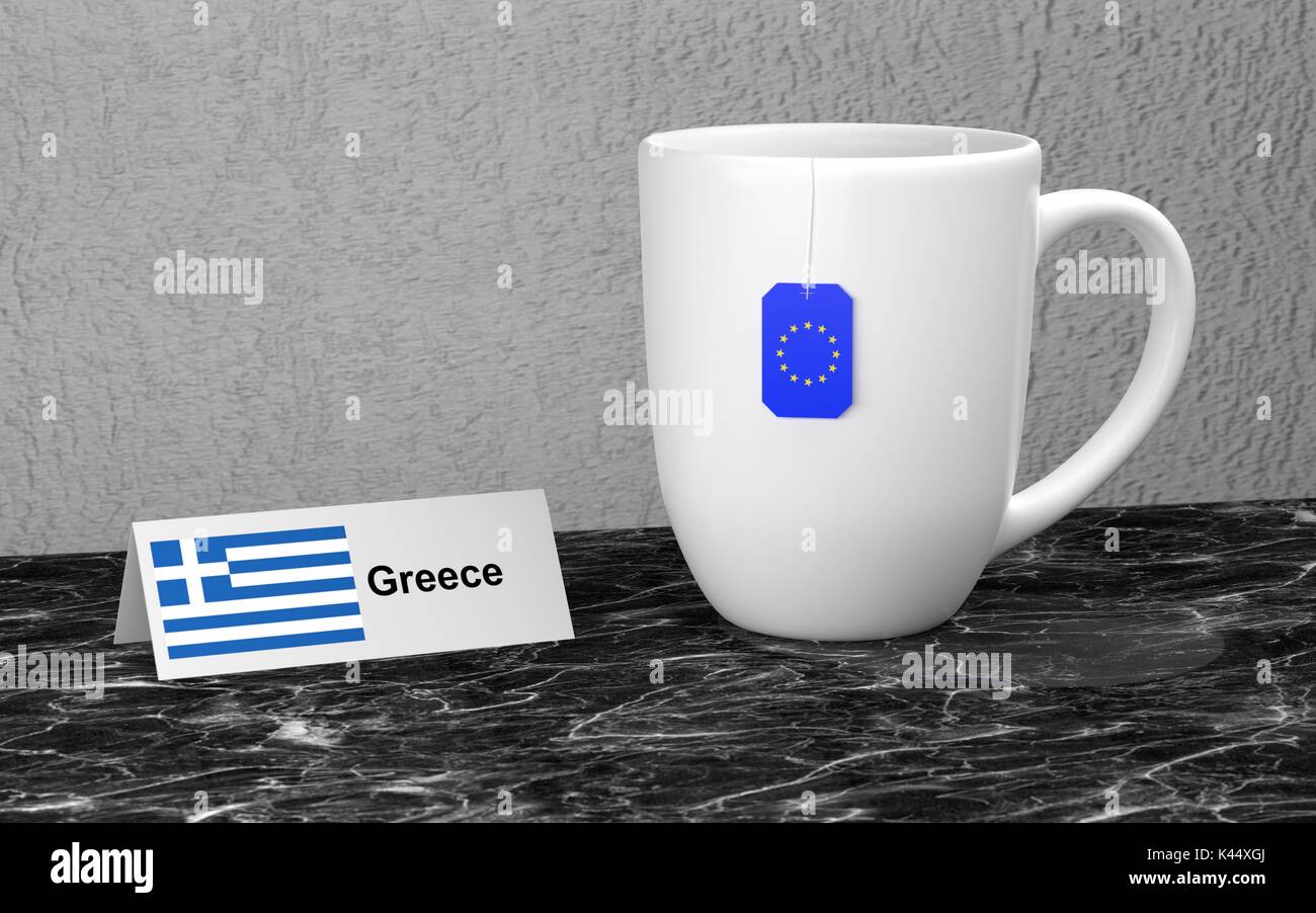 Große Tasse und Label mit EU-Land Flagge. 3D-Rendering. Stockfoto