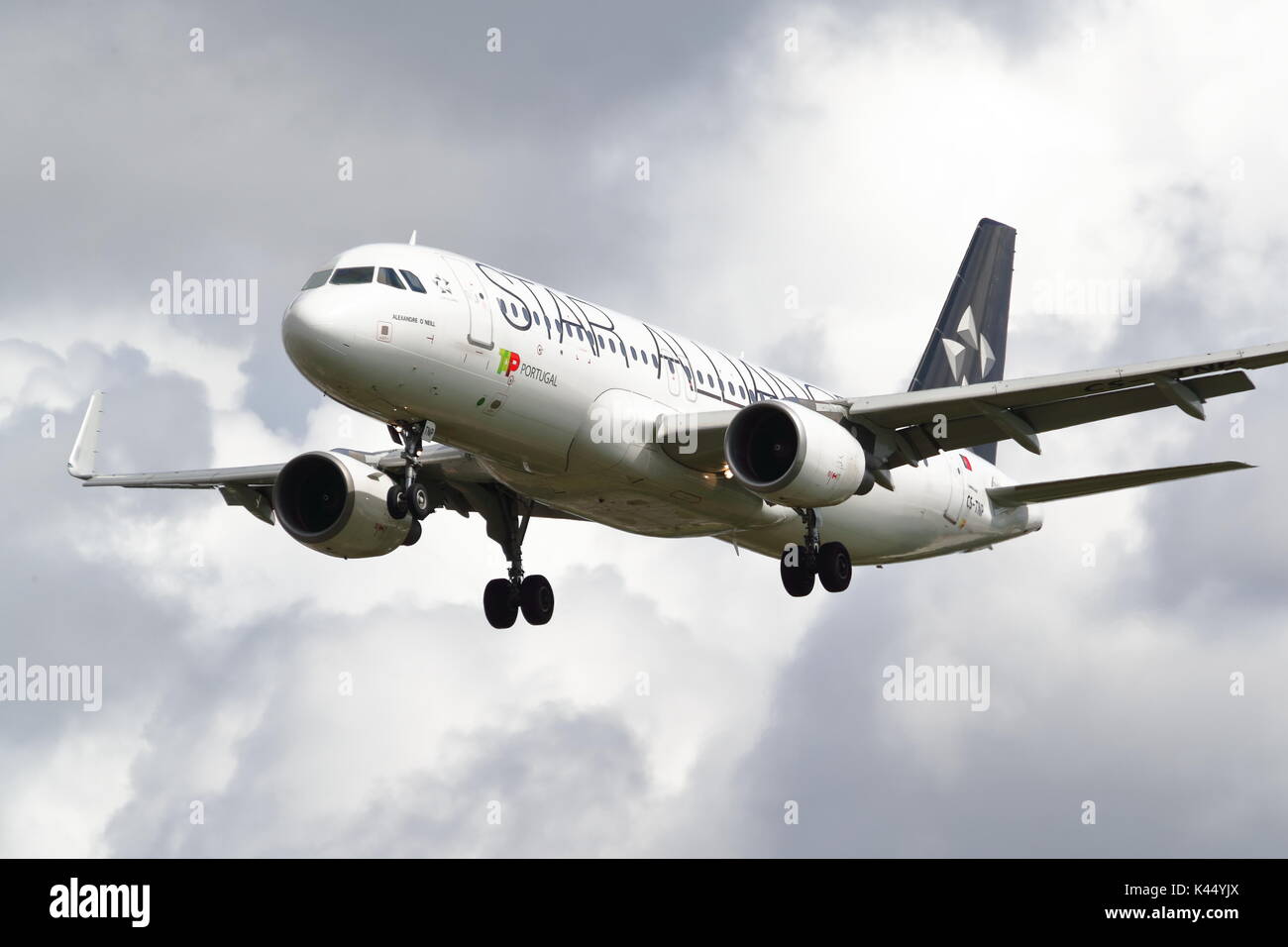 TAP Air Portugal Airbus A320 CS-TNP Landung in London Heathrow Flughafen, Großbritannien Stockfoto