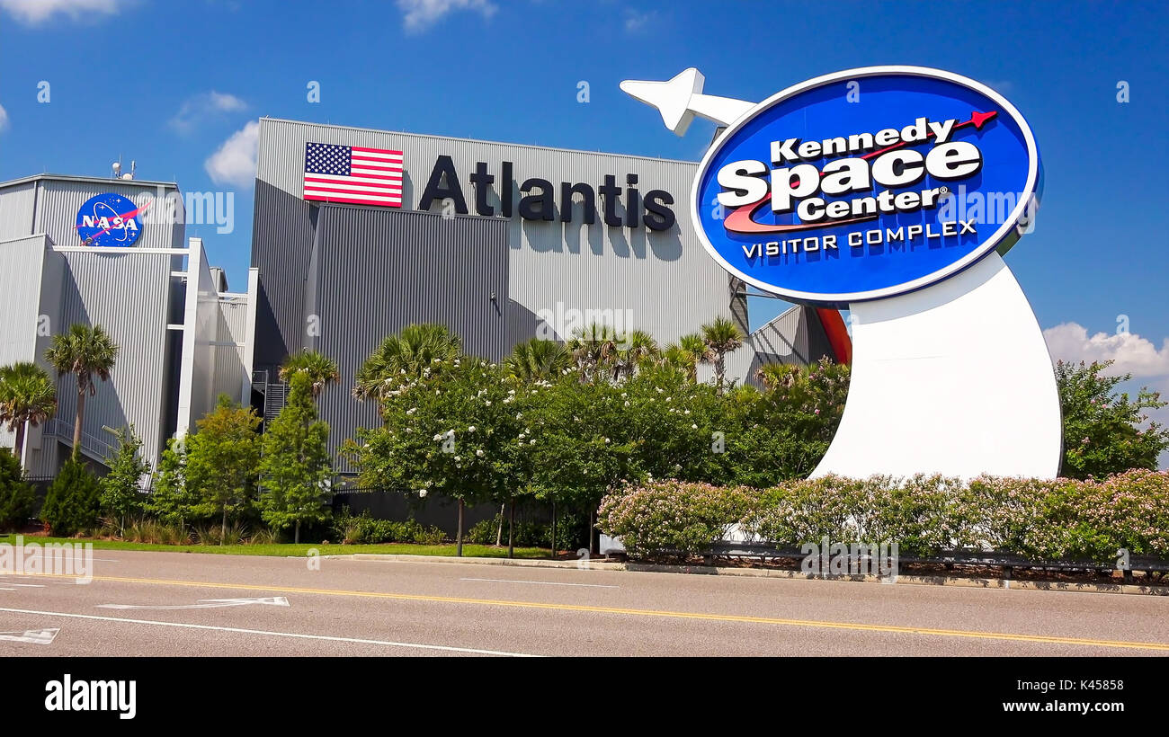 NASA Kennedy Space Center Visitor Complex Eingangsschild in Cape Canaveral, Florida Stockfoto