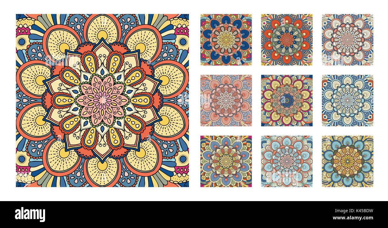 Blumenmuster Fliese Blau Gelb Orange Mandala Stock Vektor
