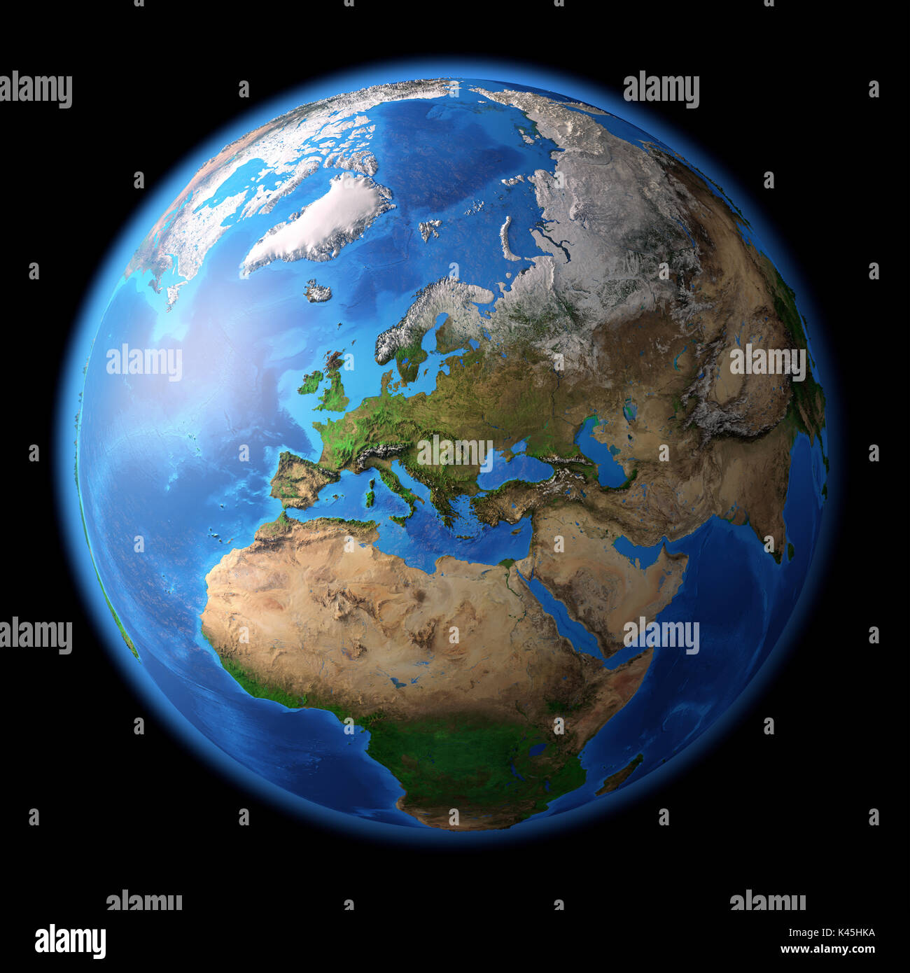 Planeten Erde. High Ausführliche Sat-Blick auf die Erde und seine Landschaftsformen, auf schwarzem Hintergrund isoliert. 3D-Illustration, Elemente dieses Bild und Stockfoto