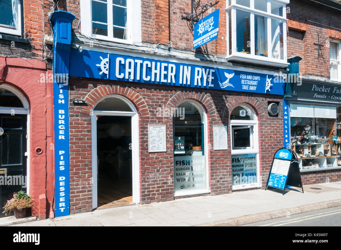 Lustiger Name für ein Fisch und Chip Shop in Rye, East Sussex. Stockfoto