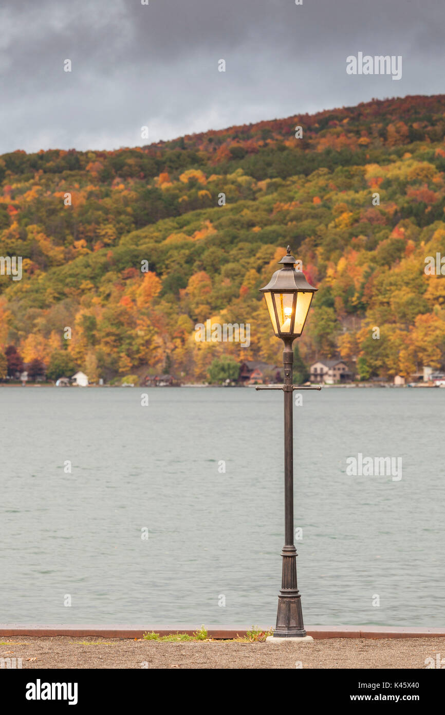 USA, New York, Finger Lakes Region, Hammondsport, Keuka Lake, Herbst und lightpost Stockfoto