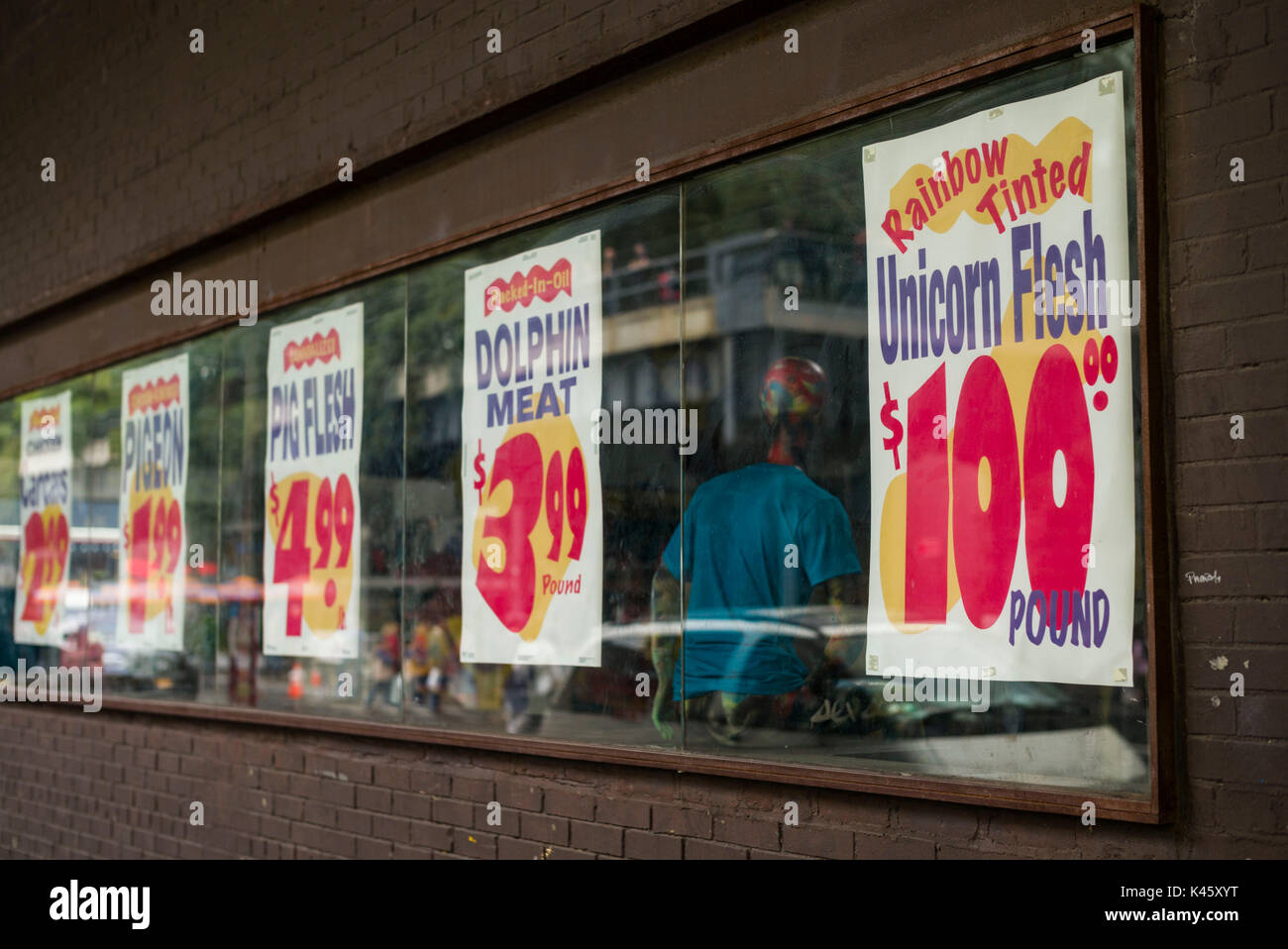 USA, New York, New York City, Manhattan, Meatpacking District, humorvoll store Zeichen Stockfoto