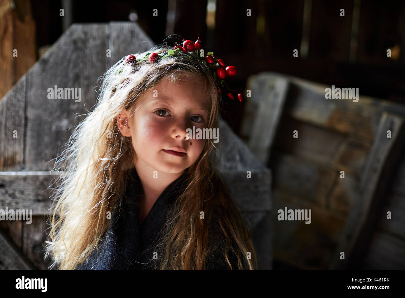 Blonde langhaarige Mädchen, Kopfschmuck, Girlande mit Hagebutten, Porträt  Stockfotografie - Alamy