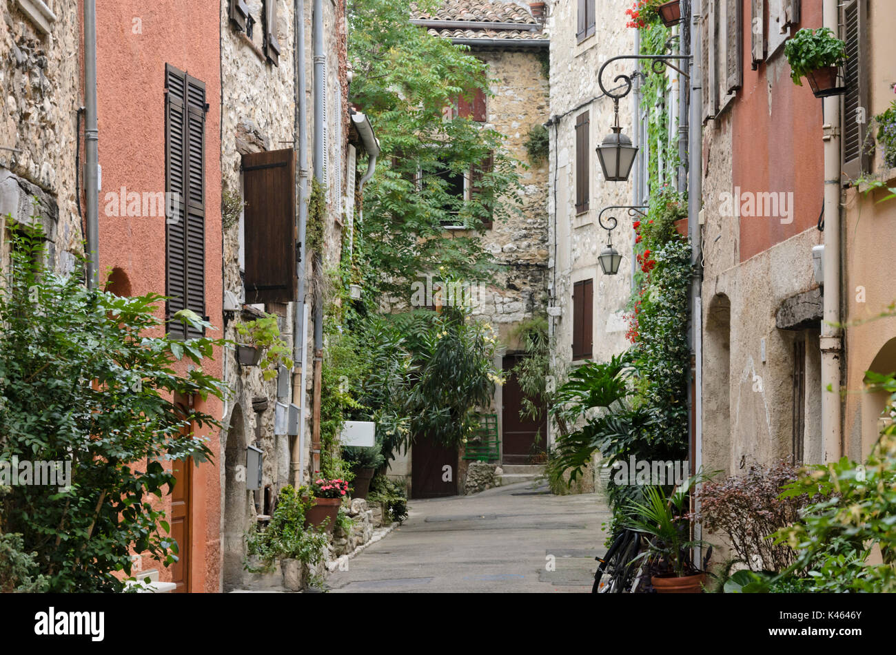 Gasse mit Blumenkübel in der Altstadt, Vence, Frankreich Stockfoto