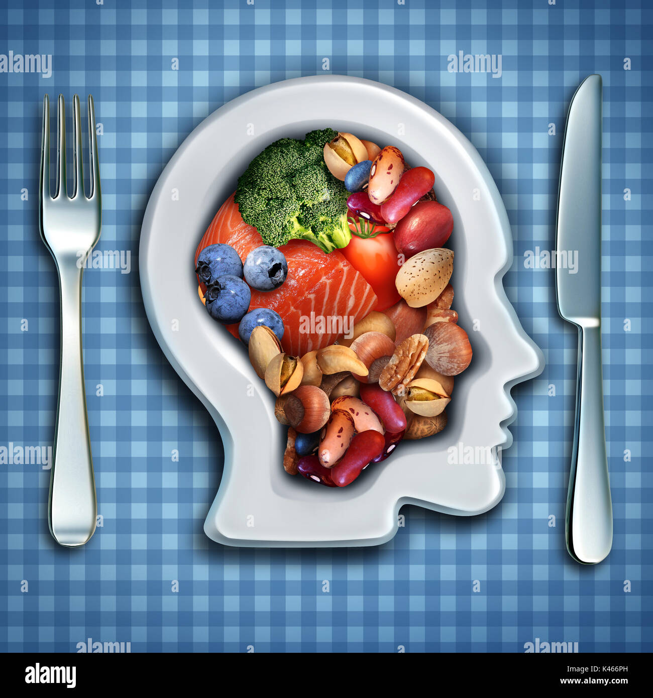 Gehirn Ernährung und brainpower-Ernährung wie Fisch und Nüsse mit Brokkoli und Bohnen in eine Schüssel als einem menschlichen Kopf wie ein gesunder Geist Diät Symbol geprägt. Stockfoto