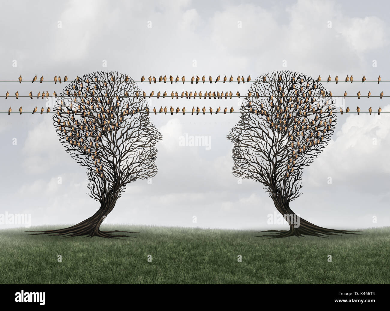 Verbindung Kommunikationsnetz wie Bäume als menschliche Köpfe mit Vögeln auf Drähte als Bote Tauben als Internet angeschlossen werden, geprägt. Stockfoto