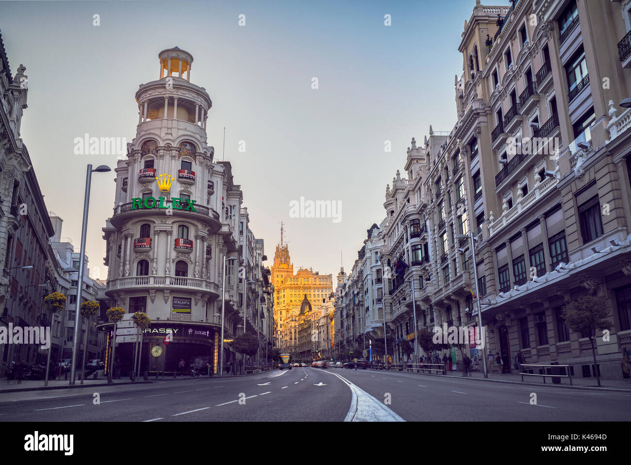 Gran Via street at sunset. Madrid, Spain. Stockfoto