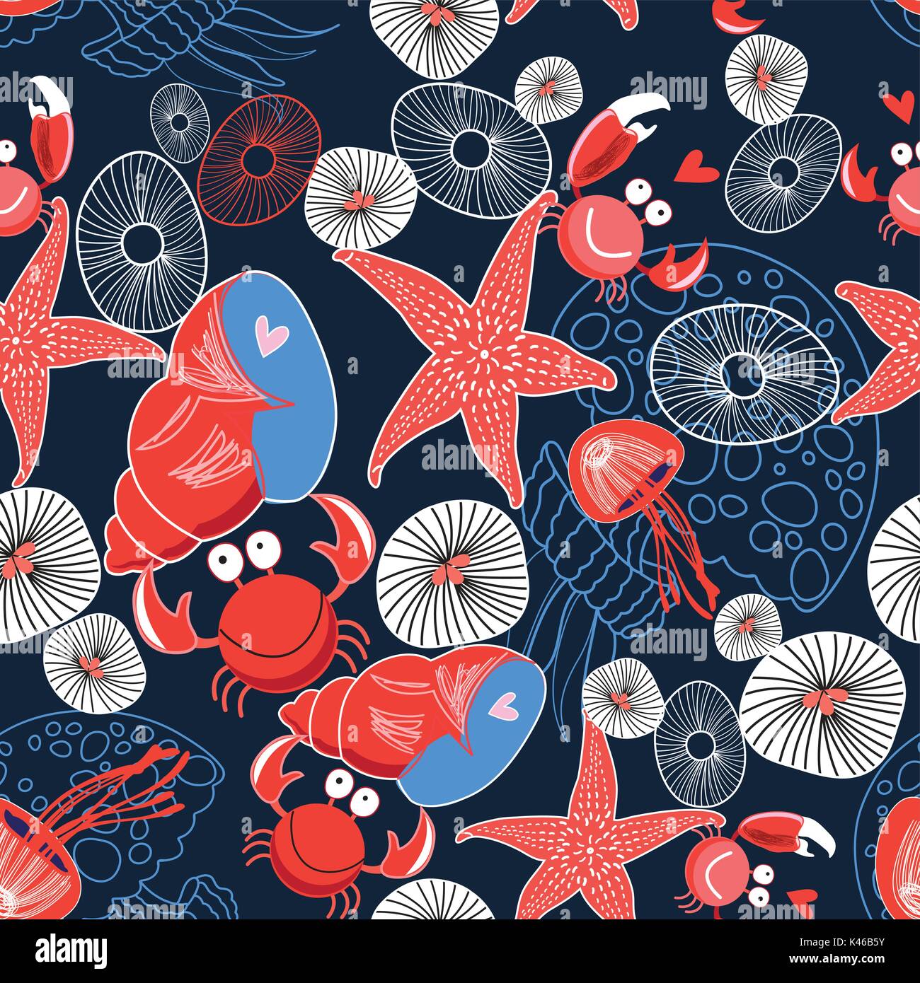Nahtlose grafische marine Muster Enamored Krabben und Sterne auf einem dunklen Hintergrund Stock Vektor