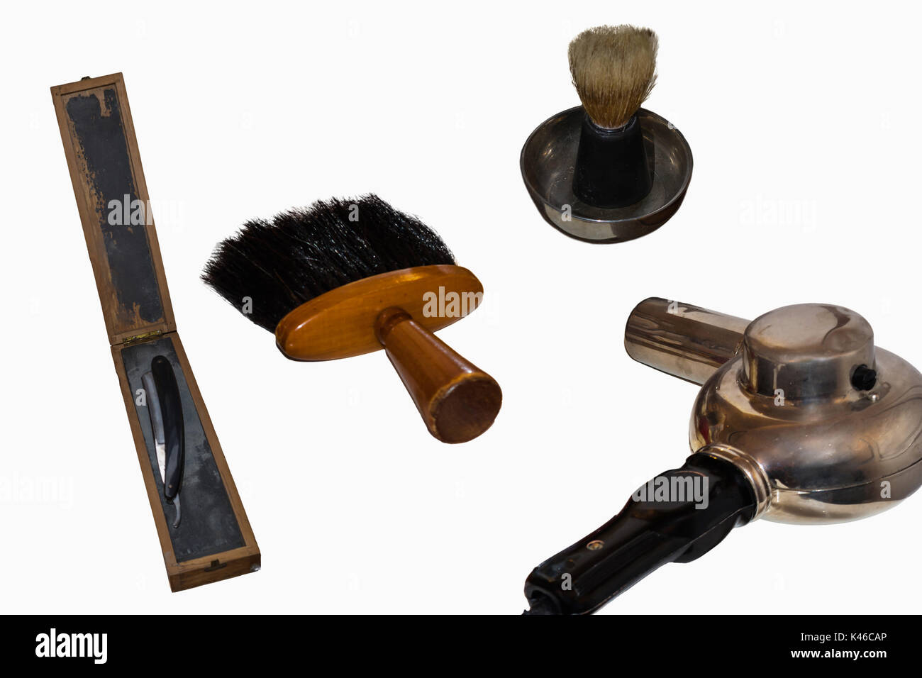 Alte professionelle Friseurwerkzeug und Zubehör Stockfoto