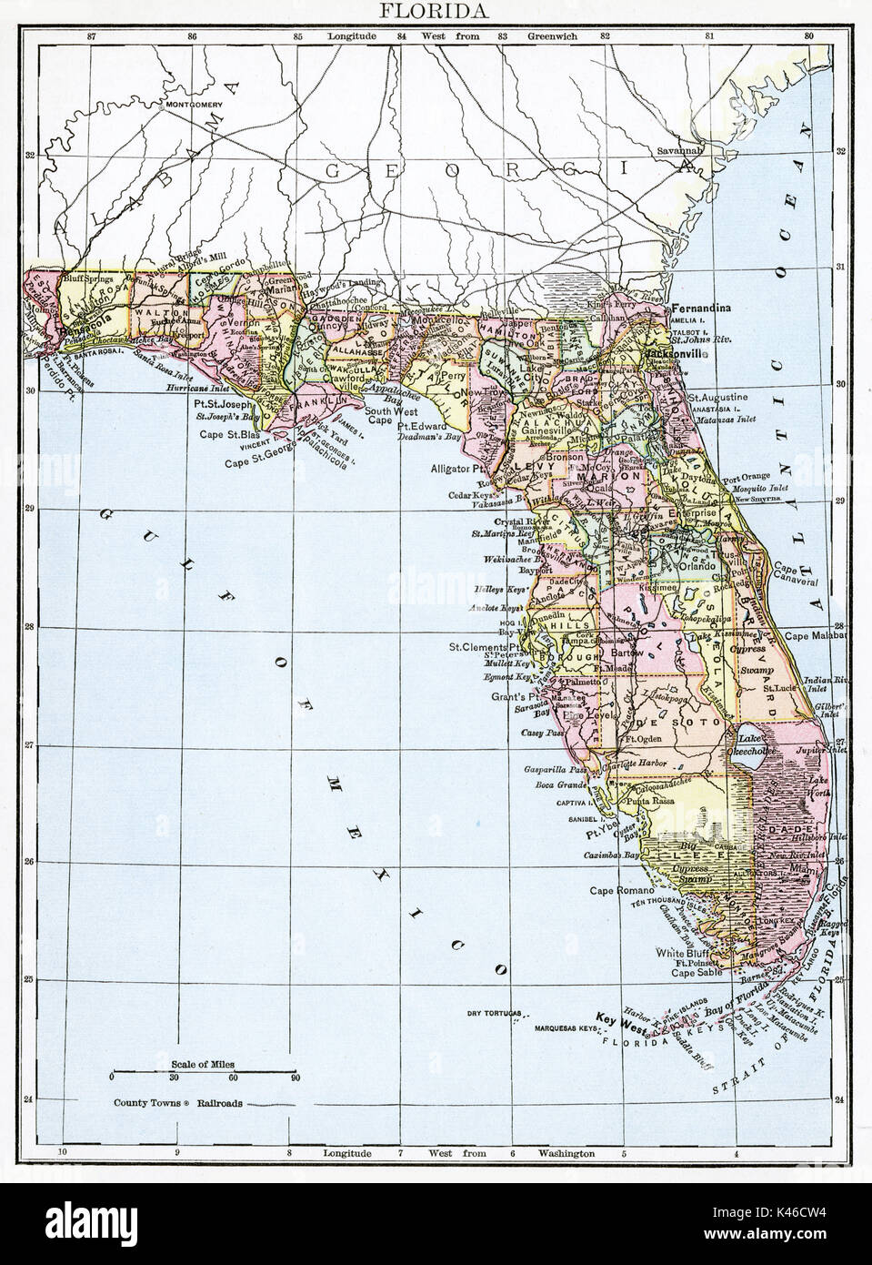 Antike Karte, ca. 1875, von Florida Stockfoto