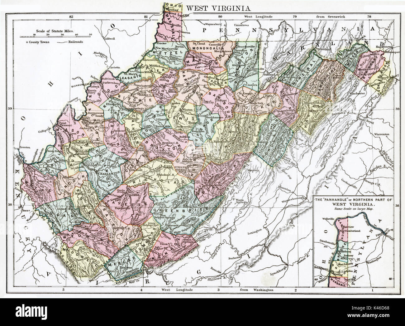 Antike Karte, ca. 1875, West Virginia Stockfoto