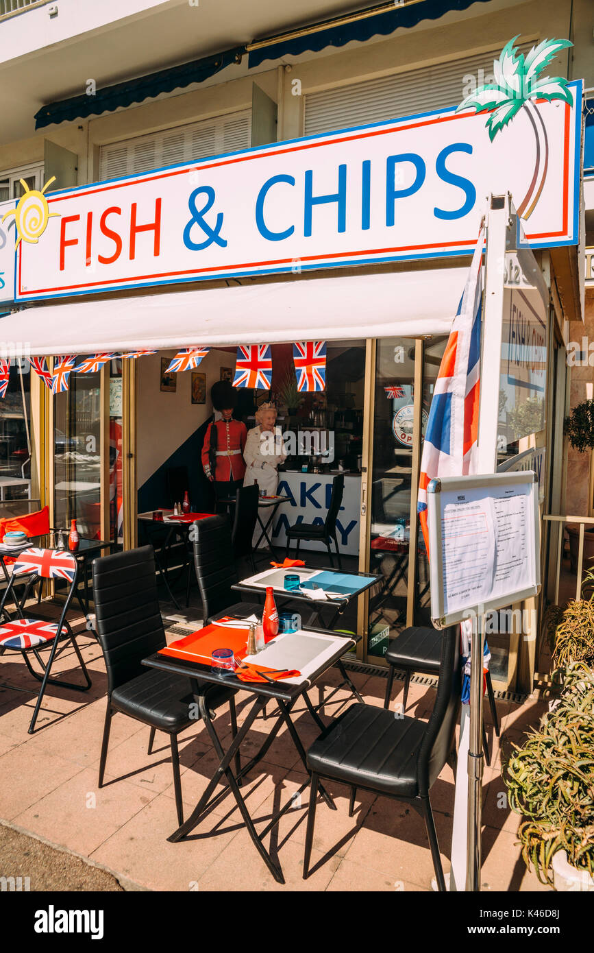 Fish & Chips shop in Juan-les-Pins, Cote d'Azur, Frankreich Stockfoto