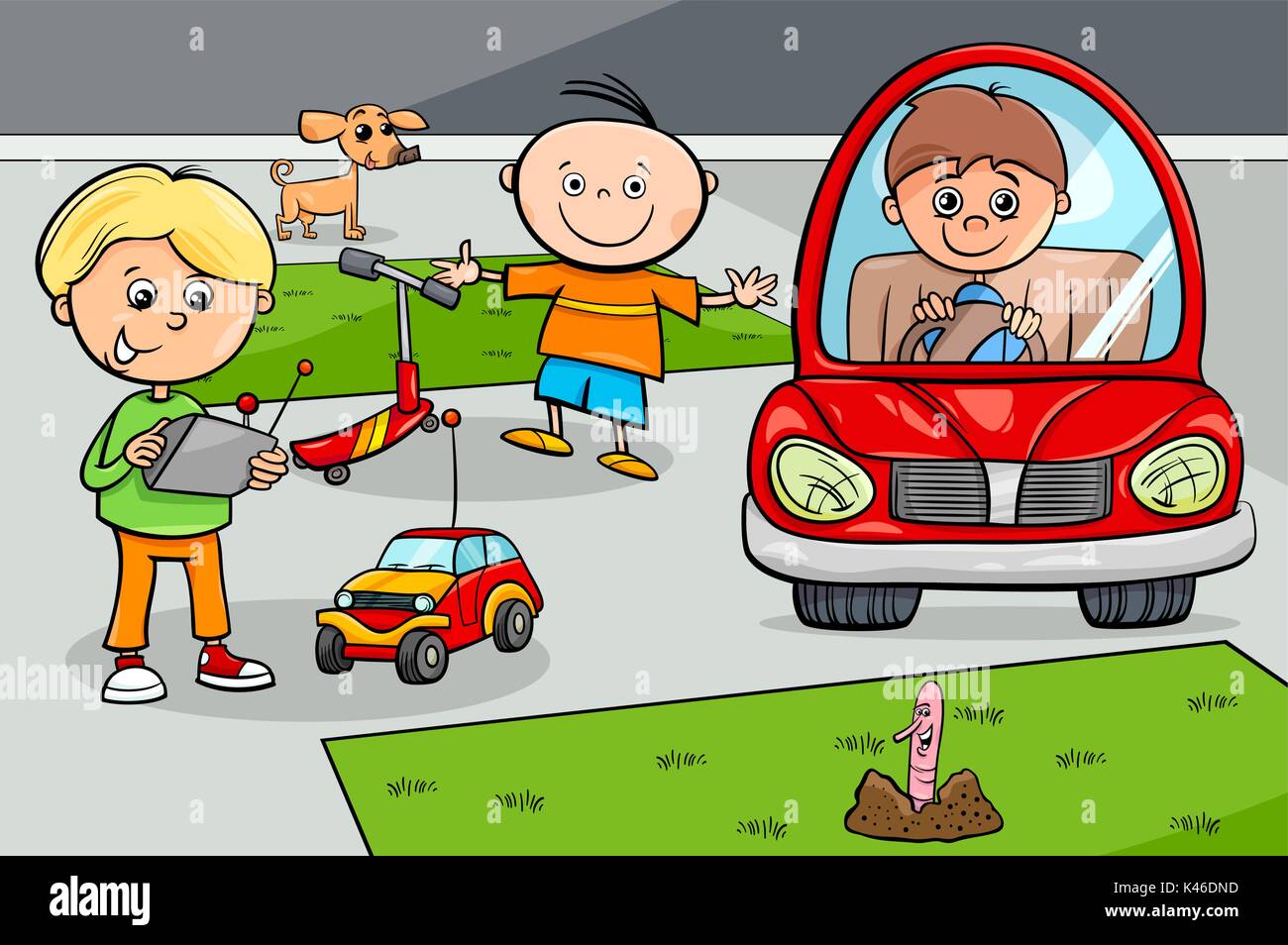 Cartoon Illustration von verspielten Kid Boys Zeichen Gruppe mit Spielzeug Stock Vektor