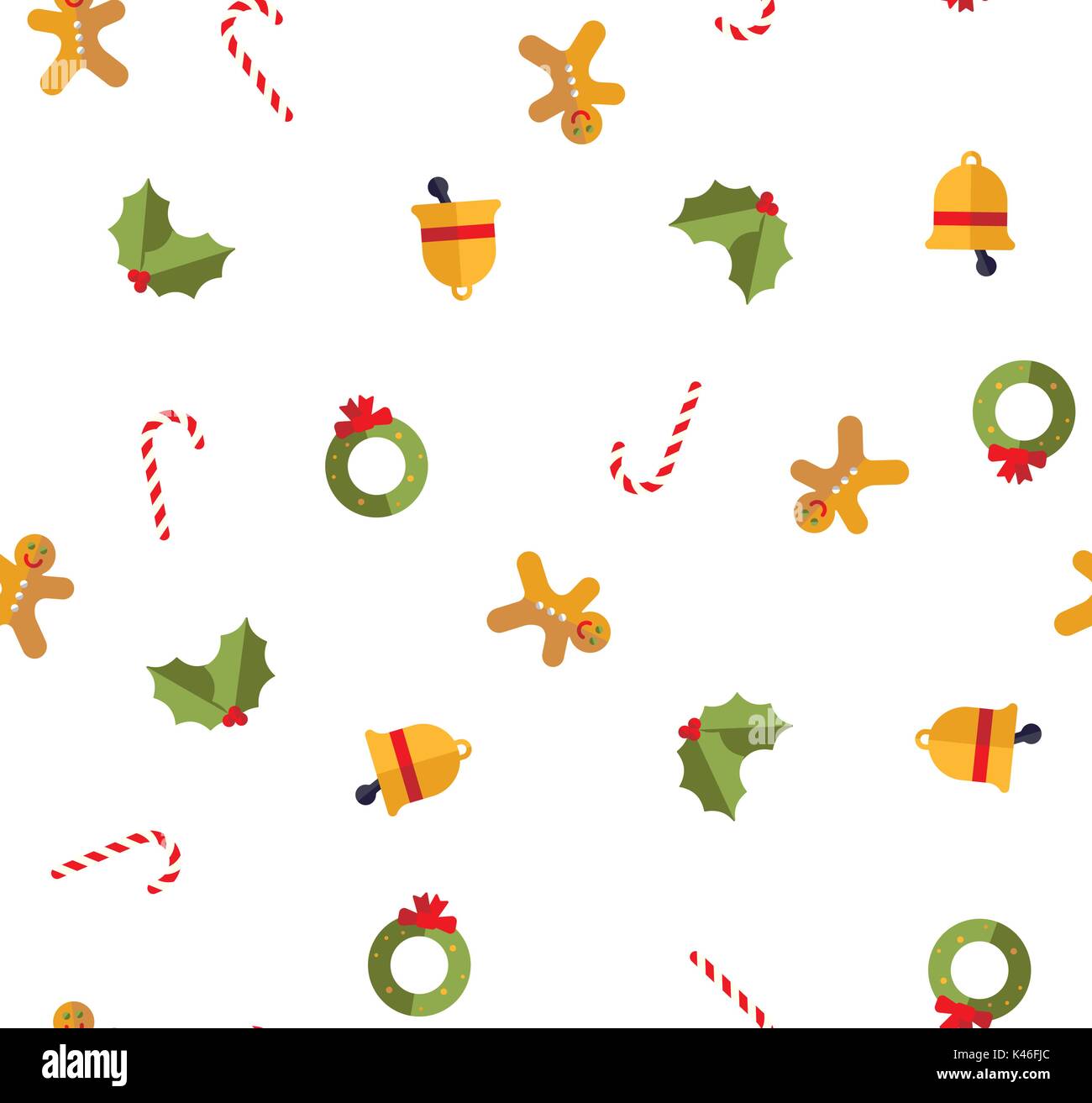 Weihnachten nahtlose Muster mit Zuckerstange, Gingerbread Man, Holly verlässt, christmas bell und Kranz mit Schleife Stock Vektor