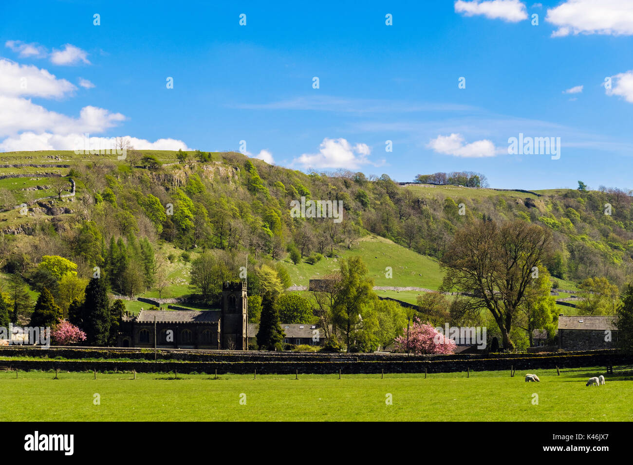 Blick über ein Feld zu Walliser Dorf Stainforth, Ribbelsdale, Yorkshire Dales National Park, North Yorkshire, England, Großbritannien, Großbritannien Stockfoto
