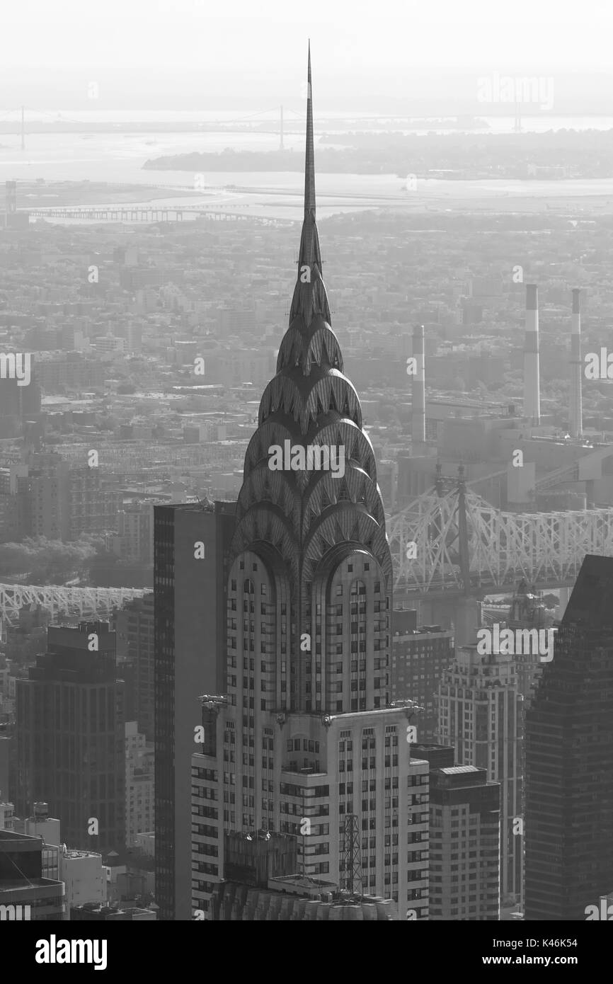 Chrysler Building Top detail, Luftbild in Schwarz und Weiß in New York Stockfoto