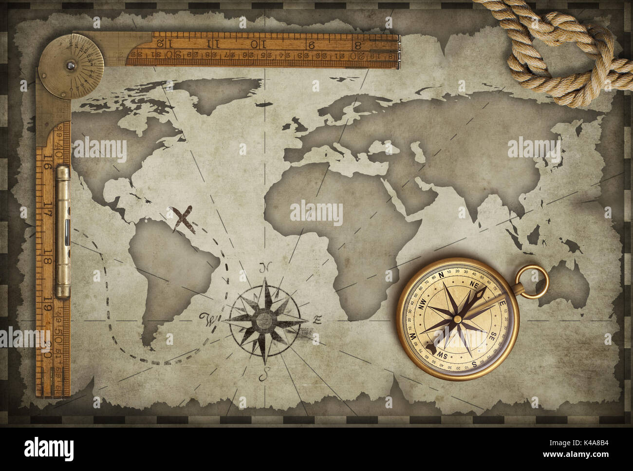 Alte Karte Hintergrund mit Kompass, Seil und Herrscher. Abenteuer und Reisen Konzept. 3D-Darstellung. Stockfoto