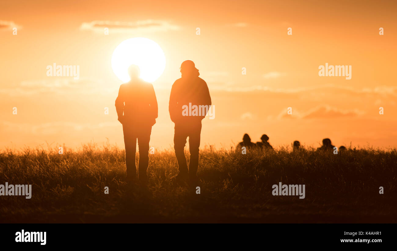 Zwei Personen, Freunde in einer Wiese, Backlit, Sonnenuntergang, Berlin, Deutschland Stockfoto