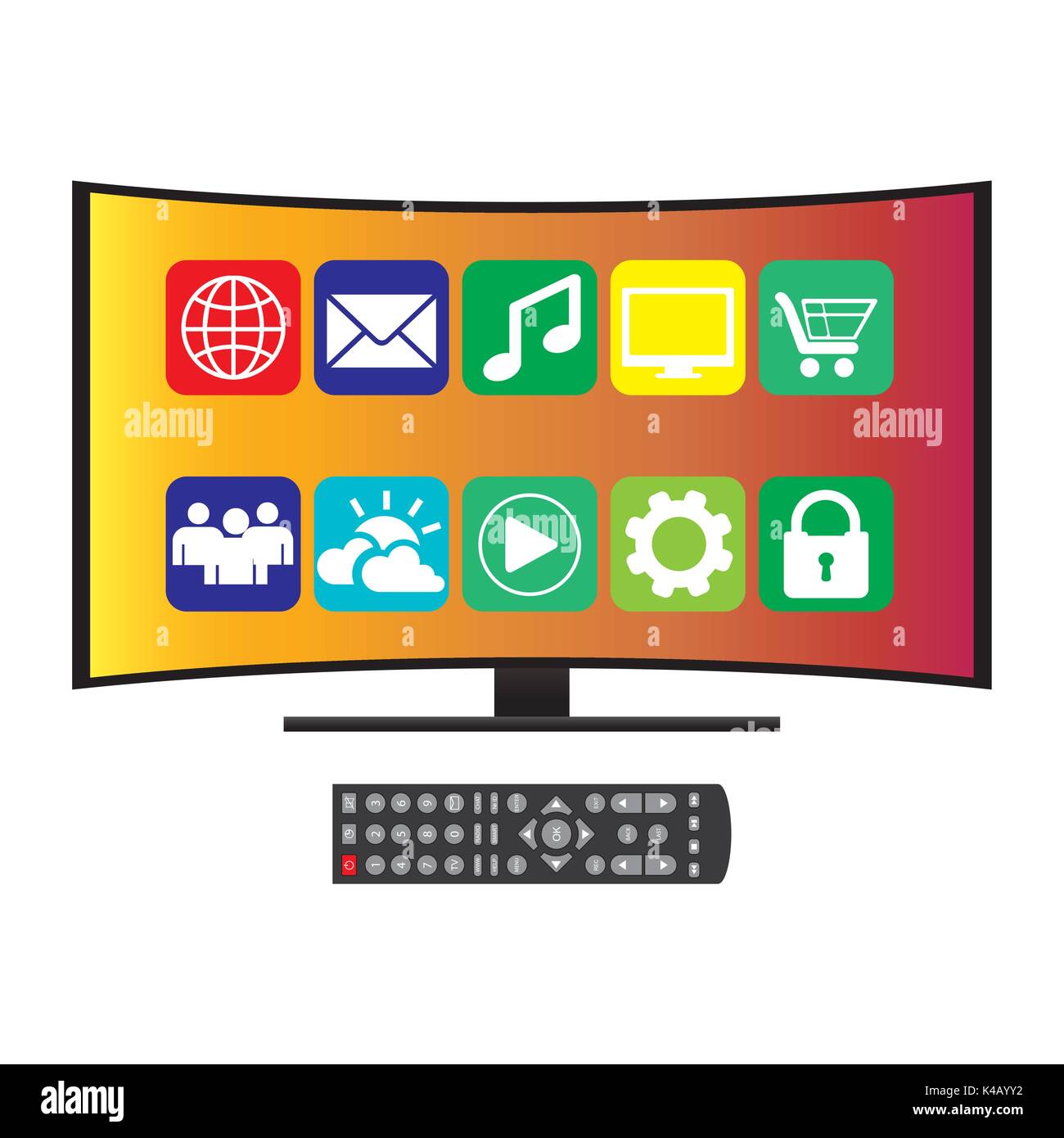 Fernbedienung und gebogenen Ultra-HD-TV, Flachbild Vector Illustration auf Weiß Stock Vektor