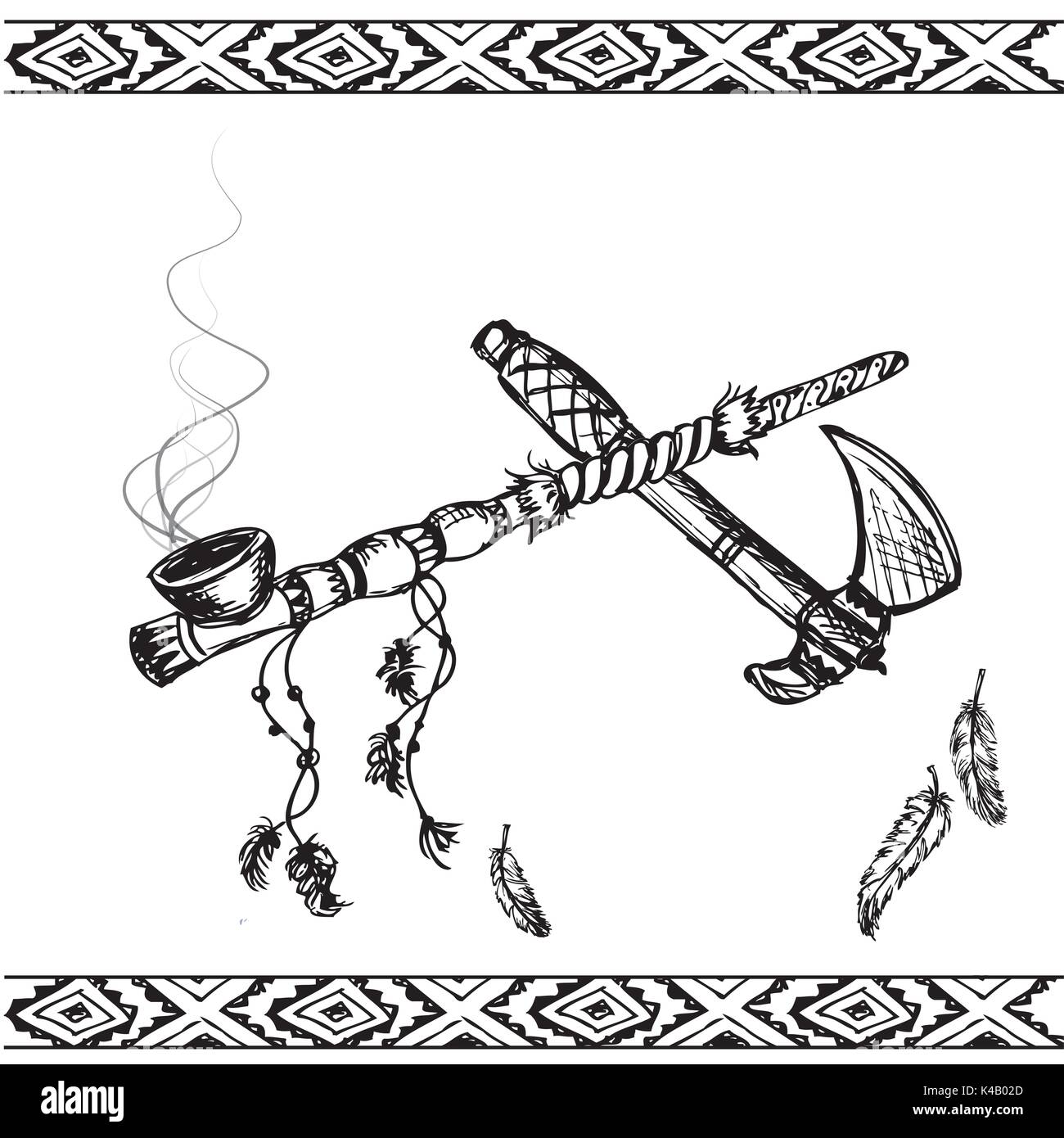 Vector Illustration eines traditionellen Indianischen Friedenspfeife und  Tomahawk, Schwarz und Weiß Stock-Vektorgrafik - Alamy