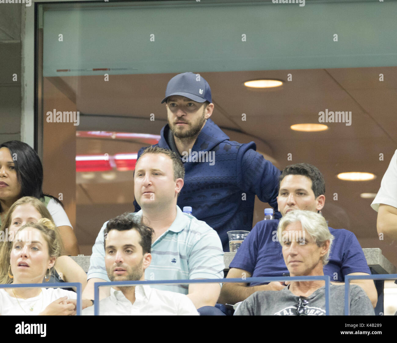 New York, NY, USA - September 4, 2017: Justin Timberlake nimmt Match zwischen Roger Federer & Philipp Kohlschreiber Deutschlands bei uns Offene Meisterschaften an Billie Jean King National Tennis Center Stockfoto