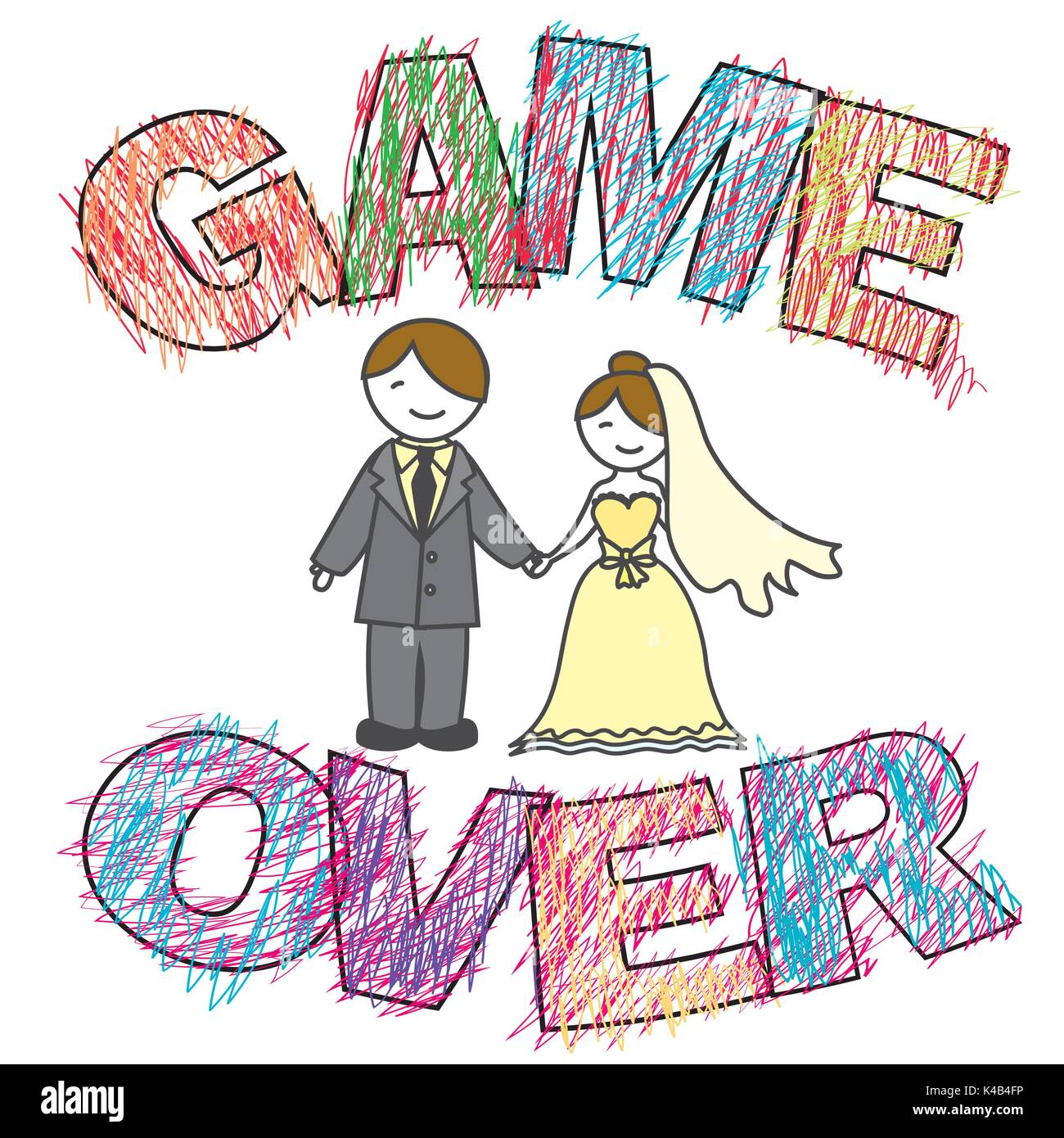 Lustige Hochzeit, Game Over. Lettes in Kind Malweise. Vector Illustration Stock Vektor