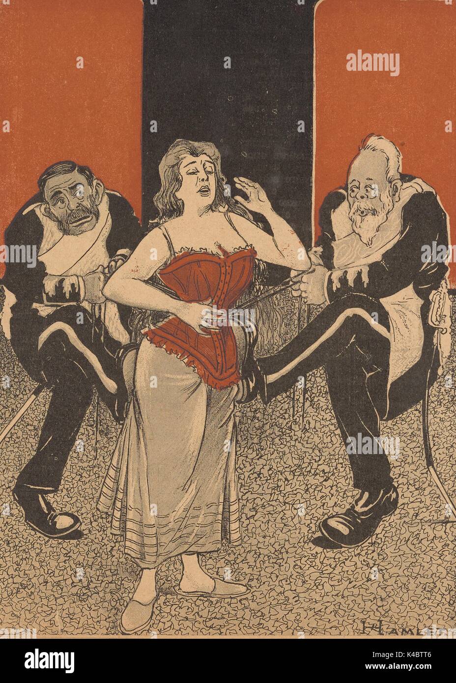 Abbildung von zwei wohlhabende Männer in fantastische Kleidung ziehen am Korsett Träger einer attraktiven Frau, während sie ihre Füße für Leverage und Erscheinen, hart zu arbeiten, von der Russischen satirische Zeitschrift Bich, 1906. Stockfoto