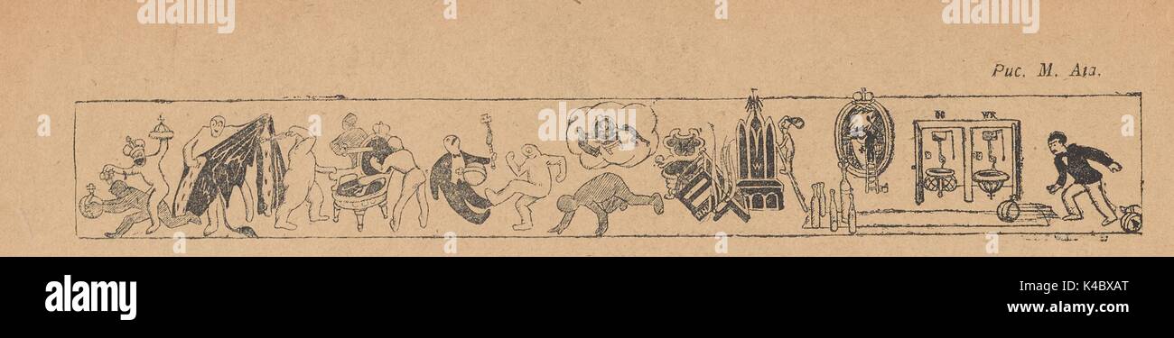 Cartoon mit Strichmännchen Durchführen der verschiedenen Aktionen, mit der katholischen Symbole und Mitglieder des Klerus, aus der Russischen satirische Zeitschrift Bich, 1917. Stockfoto