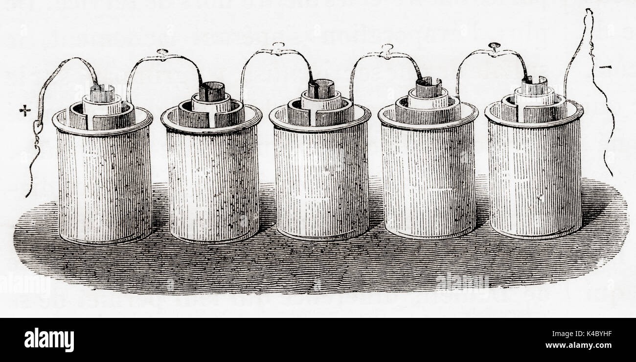 Die Waldung Zelle, einem frühen elektrischen primäre Zelle benannt nach seinem Erfinder, Walisisch physischen Wissenschaftler William Robert Grove. Es bestand aus einer Anode aus Zink in Schwefelsäure und eine Platin Kathode in konzentrierter Salpetersäure zu verdünnen, die zwei durch eine poröse Keramik Topf getrennt. Von Les merveilles de la Science, veröffentlicht 1870. Stockfoto