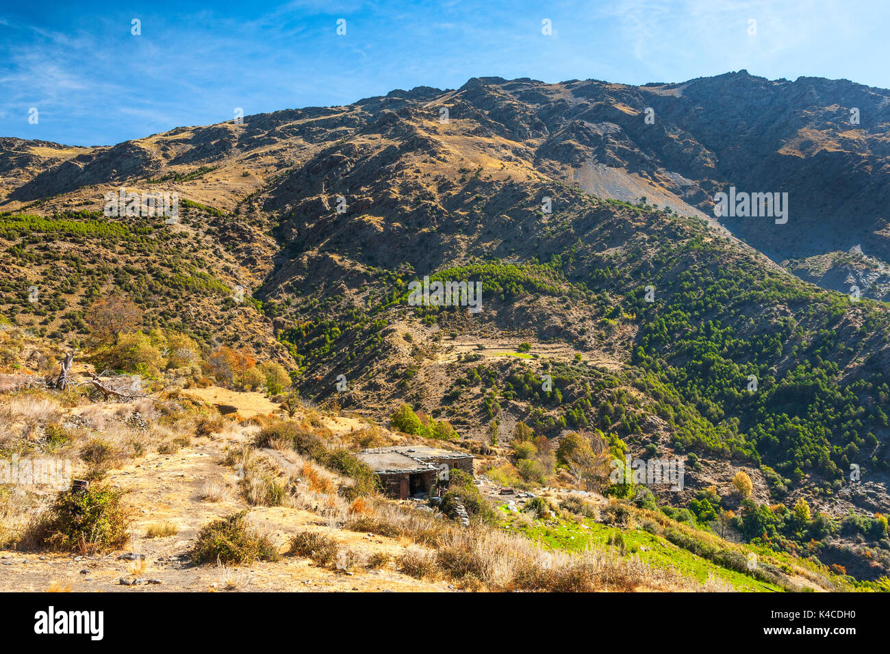Landschaft Der alpujarras mit alten Terrassen für die Landwirtschaft, in der Nähe von Trev Lez, Andalusien, Spanien Stockfoto