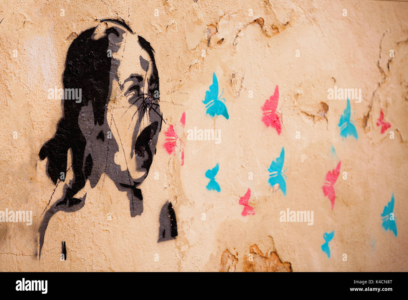 Graffiti, schreiendes Kind, Schmetterlinge, symbolische Bild Stockfoto