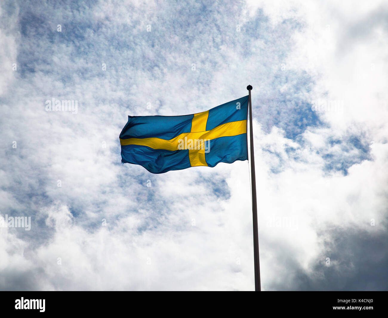 Schwedische Flagge weht im Wind Stockfoto