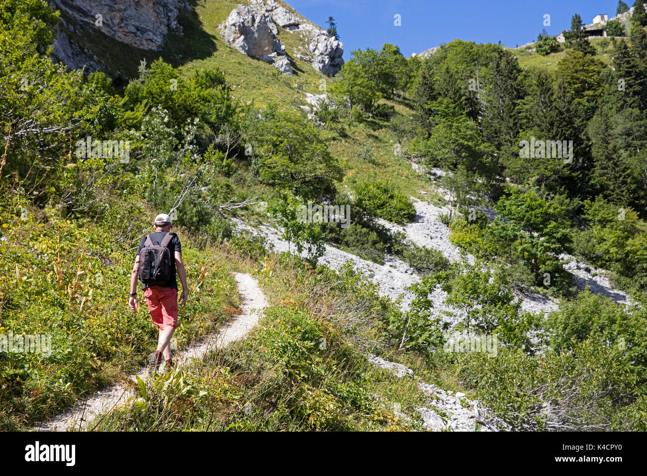 Bergwanderweg entlang des Jura an der französisch-schweizerischen Grenze bei Les Dappes und Les Rousses, Bourgogne-Franche-Comté, Frankreich Stockfoto