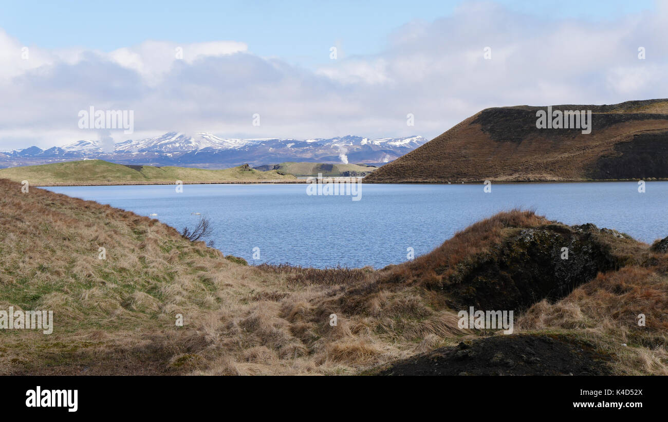 Island, Pseudokrater In Myvatn, Teich Stakholstjèrn Im Norden Stockfoto Island, Pseudokrater In Myvatn, Teich Stakholstjèrn Im Norden Stockfoto