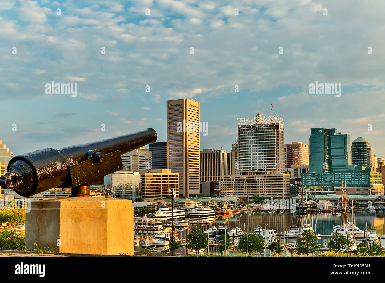 Kanone auf Federal Hill mit Blick auf Skyline und Inner Harbor in Baltimore, Maryland USA Stockfoto