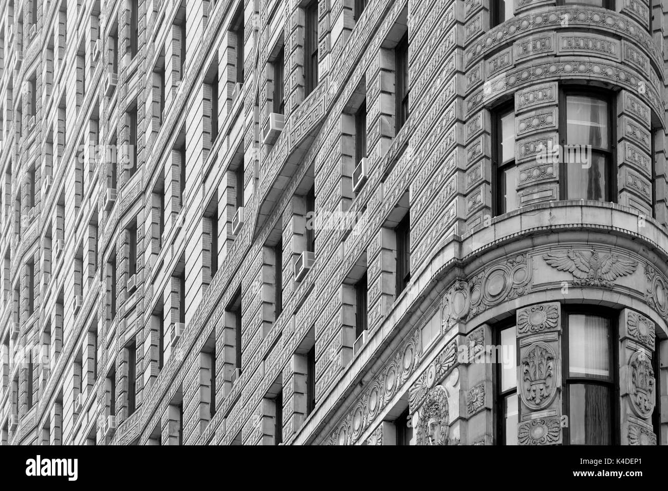 Flatiron Building Architektur Detail Hintergrund in Schwarz und Weiß in New York City Stockfoto