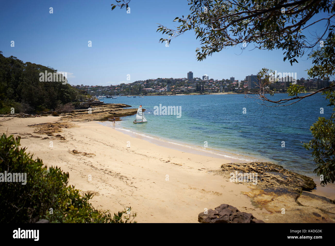Kleines Segelboot auf einem Strand in der Bucht von Sydney, Australien Stockfoto