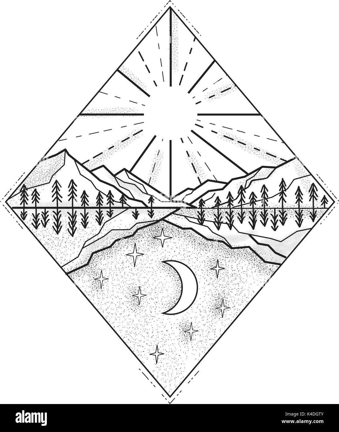 Mono Line Abbildung Einer Tag Und Nacht Symbol Mit Sonne Und Berge Auf Der Oberseite Und Die Sterne Und Mond Unten In Raute In Schwarz Und Weiss Stock Vektorgrafik Alamy